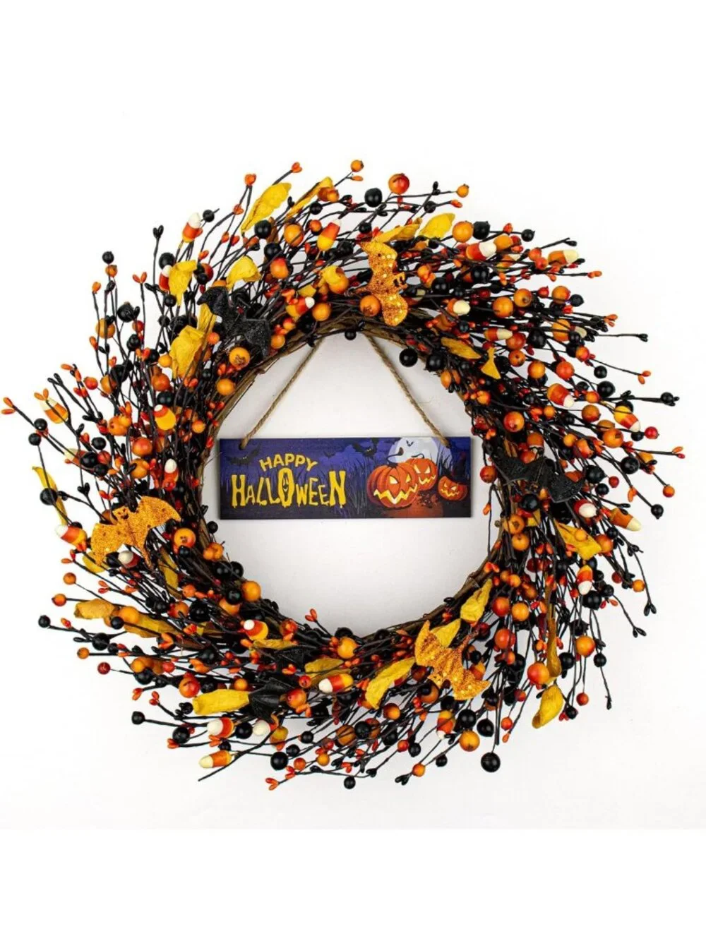 18-Inch Vintage Halloween Wreath - Black & Orange Berry Decor with Glitter Bat